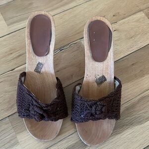 Wooden heeled and crocheted shoes